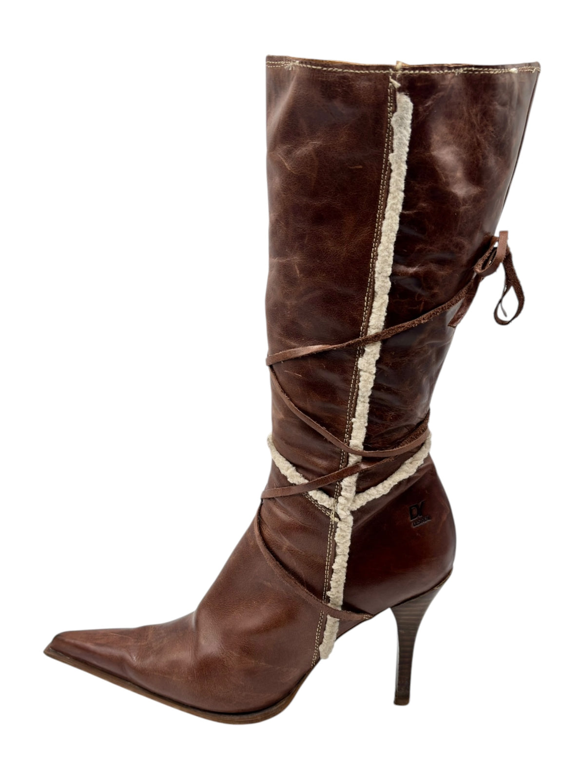 Brown high-ankle boots with pointed toe, zip seam, and rope tie detail.