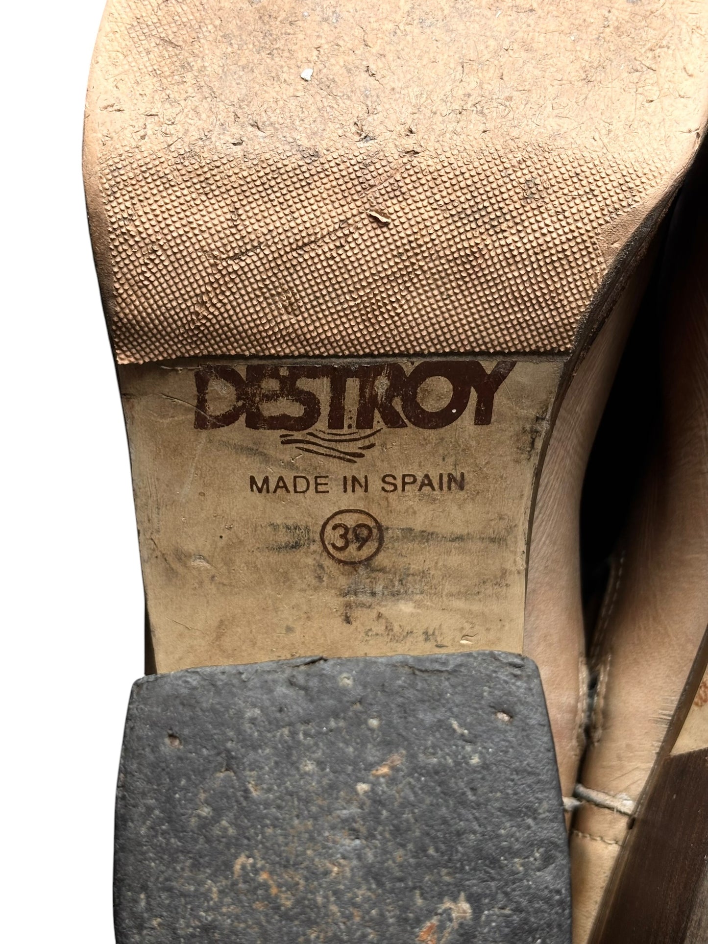 Vintage Destroy beige knee high block platform leather boots