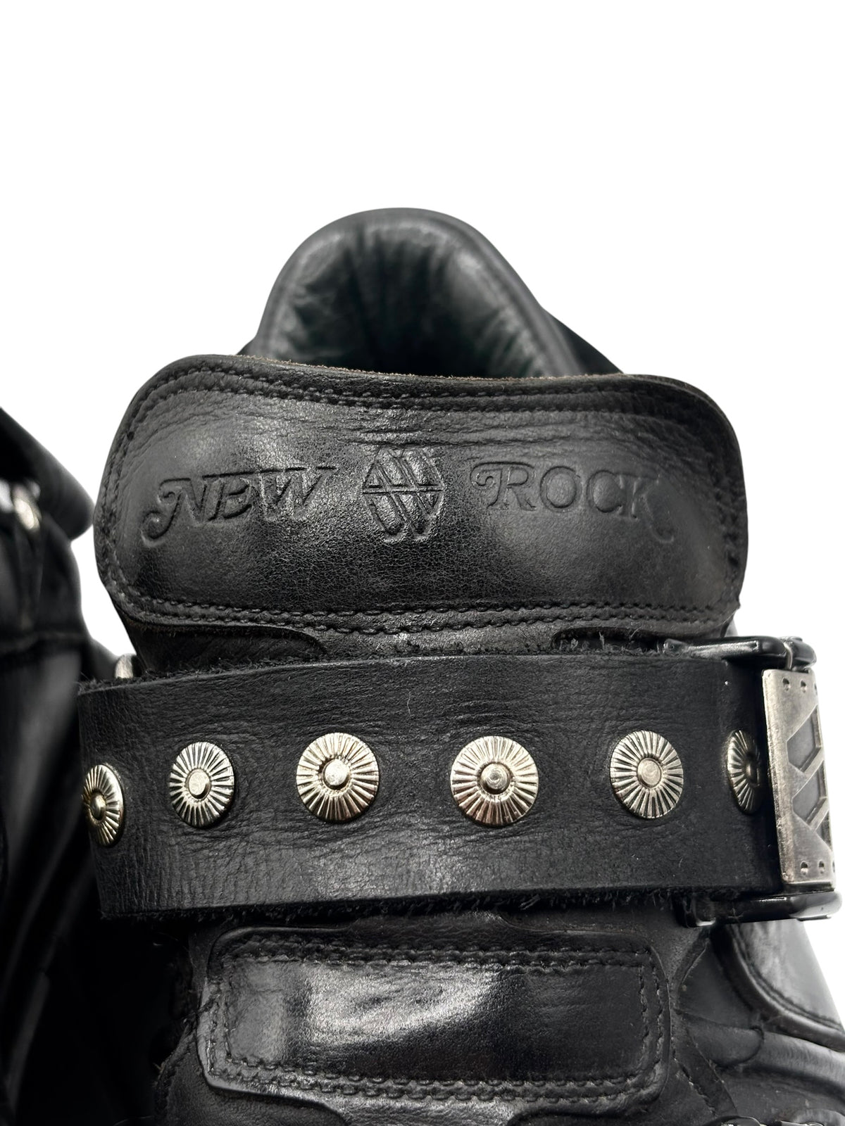 Vintage New Rock studded strap platform boots, heel cup with studded strap close-up
