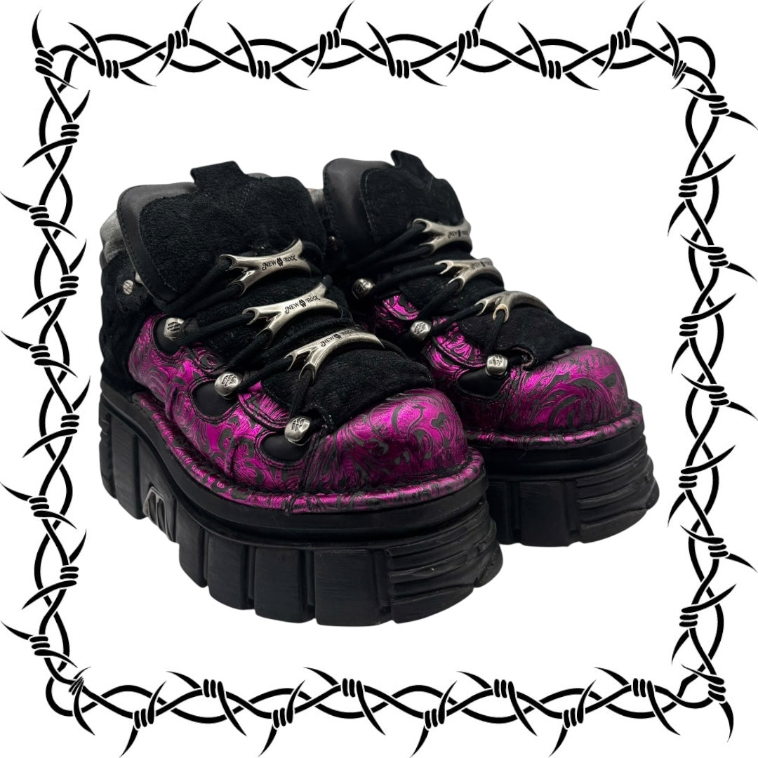 Rare vintage New Rock pink patterned M-106B platform boots size 39