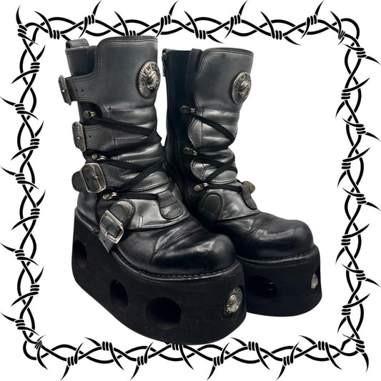 Vintage 90s New Rock mid-calf leather neptuno platform boots size 36