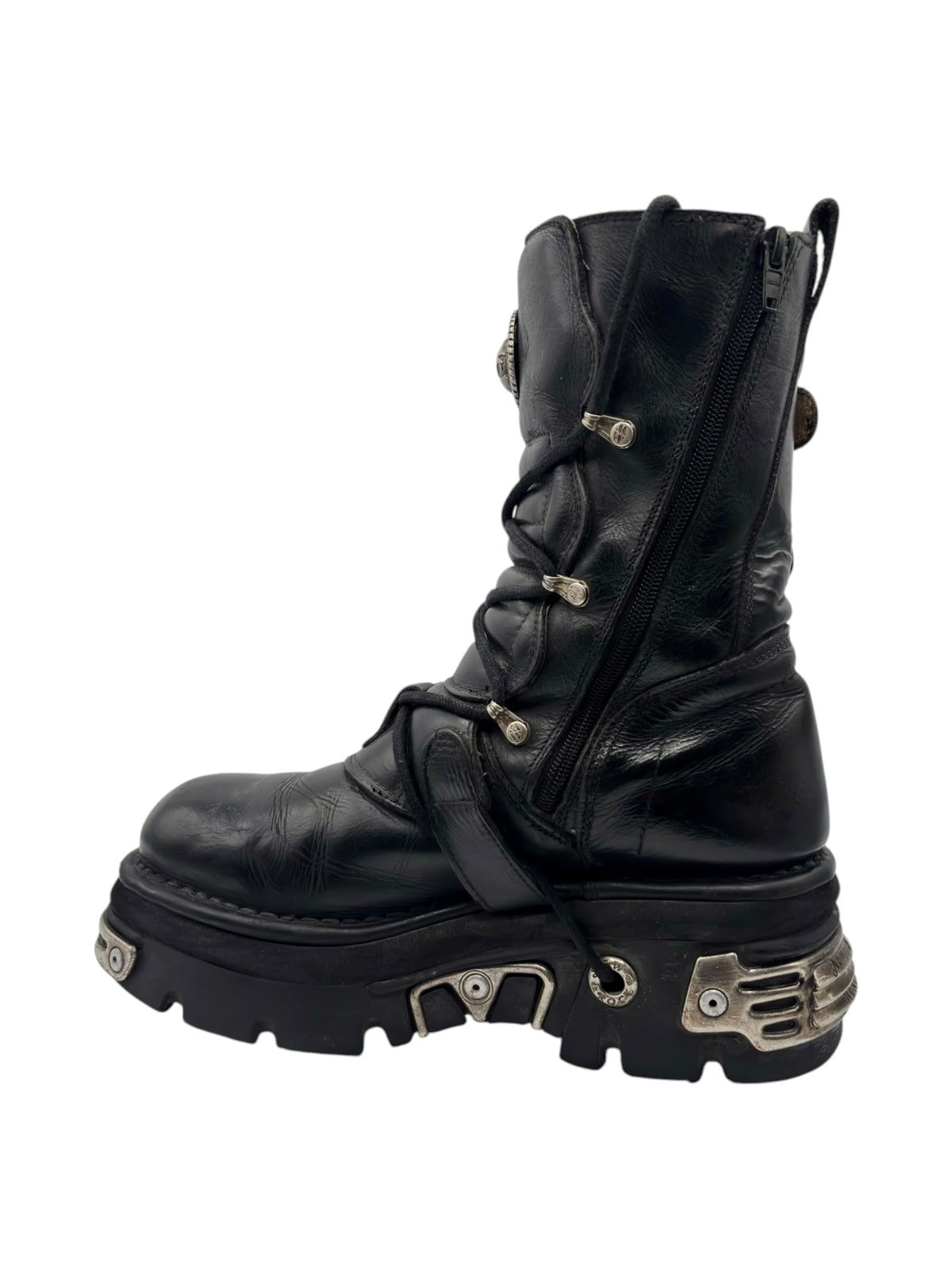 Black mid-calf reactor boots with lace-up front and metal buckle accents
