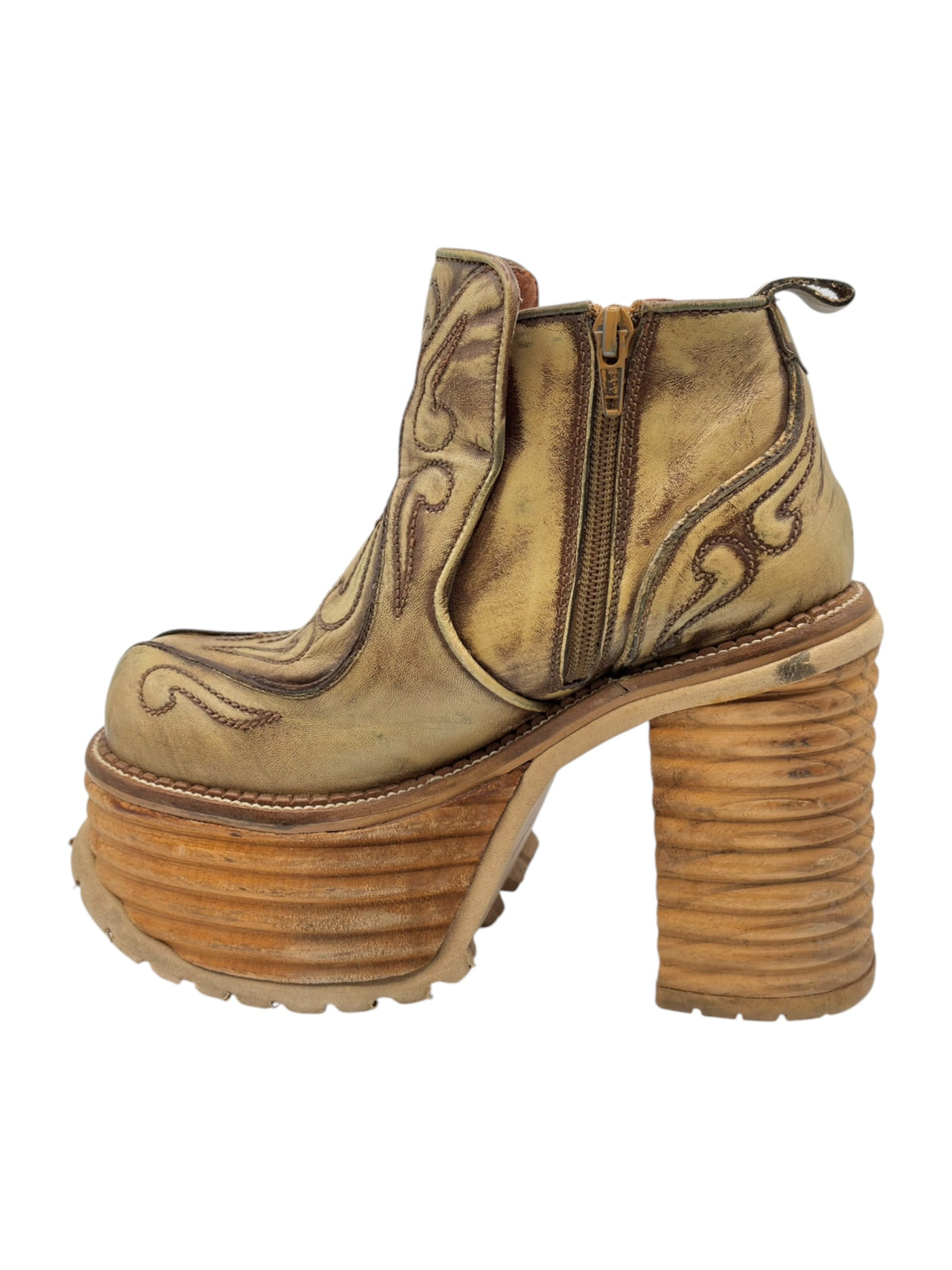 Khaki brown leather ankle boots with carved pattern, side zip, and thick stacked heel