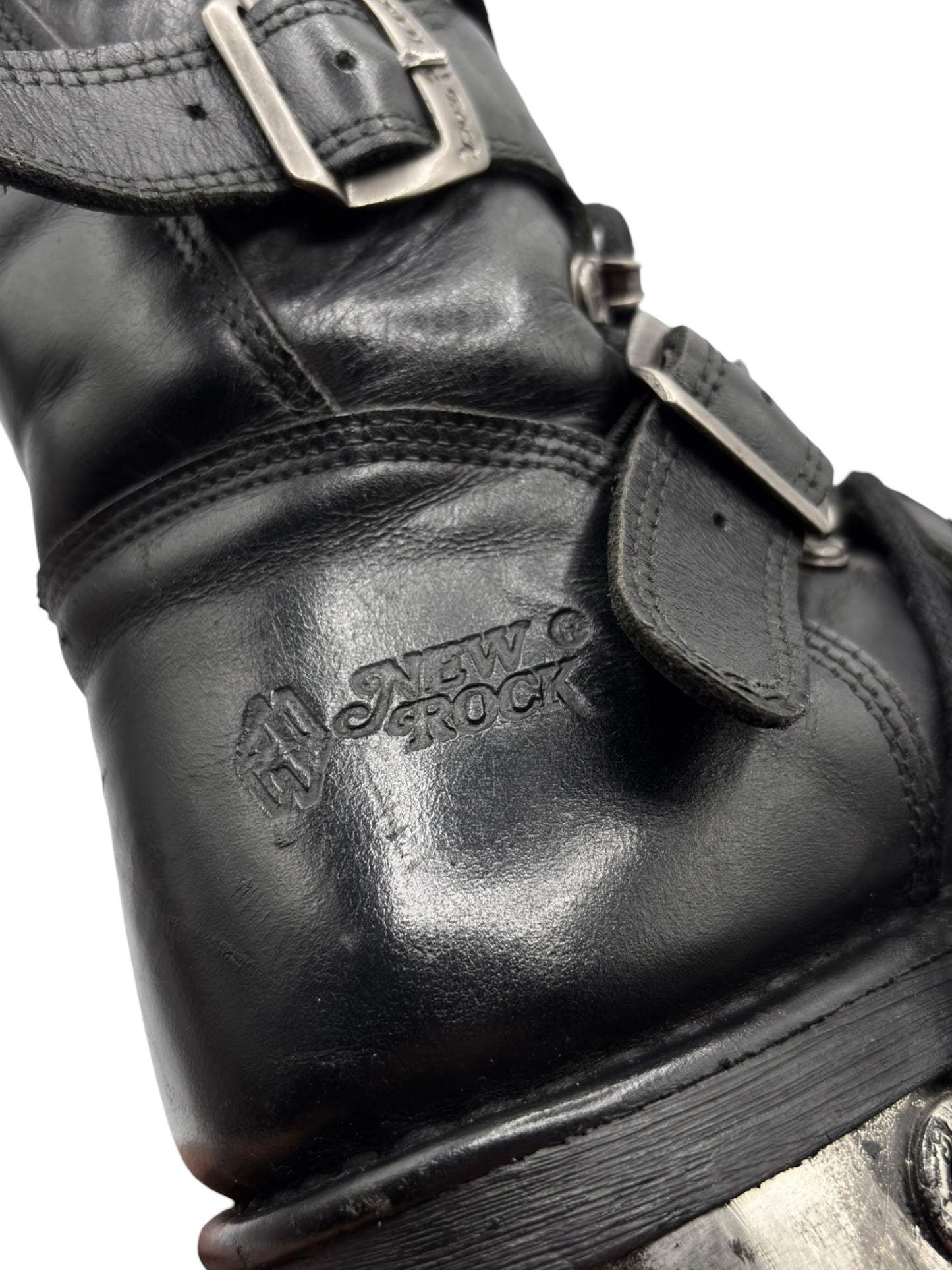 Vintage New Rock buckled raised-heel mid-calf leather boots size 40