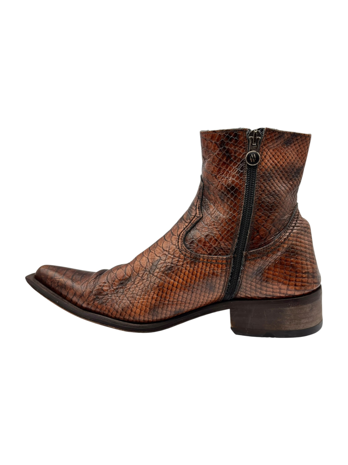 Brown cowboy boots with pointed toe, snake texture, and black side zipper