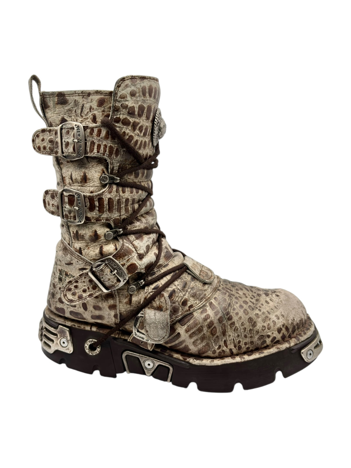 Mid-calf leather boots with desert-camo print, layered straps, buckles, and lace-up front