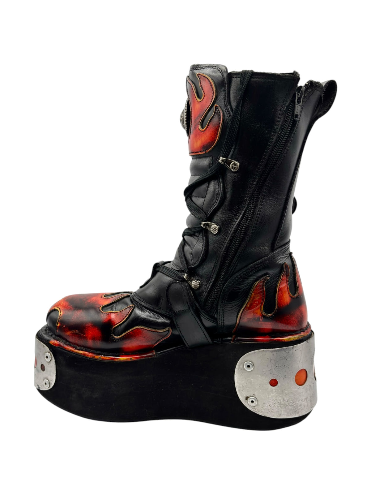 Black vintage platform boot with flame graphics, lace-up front, and chunky silver accents.