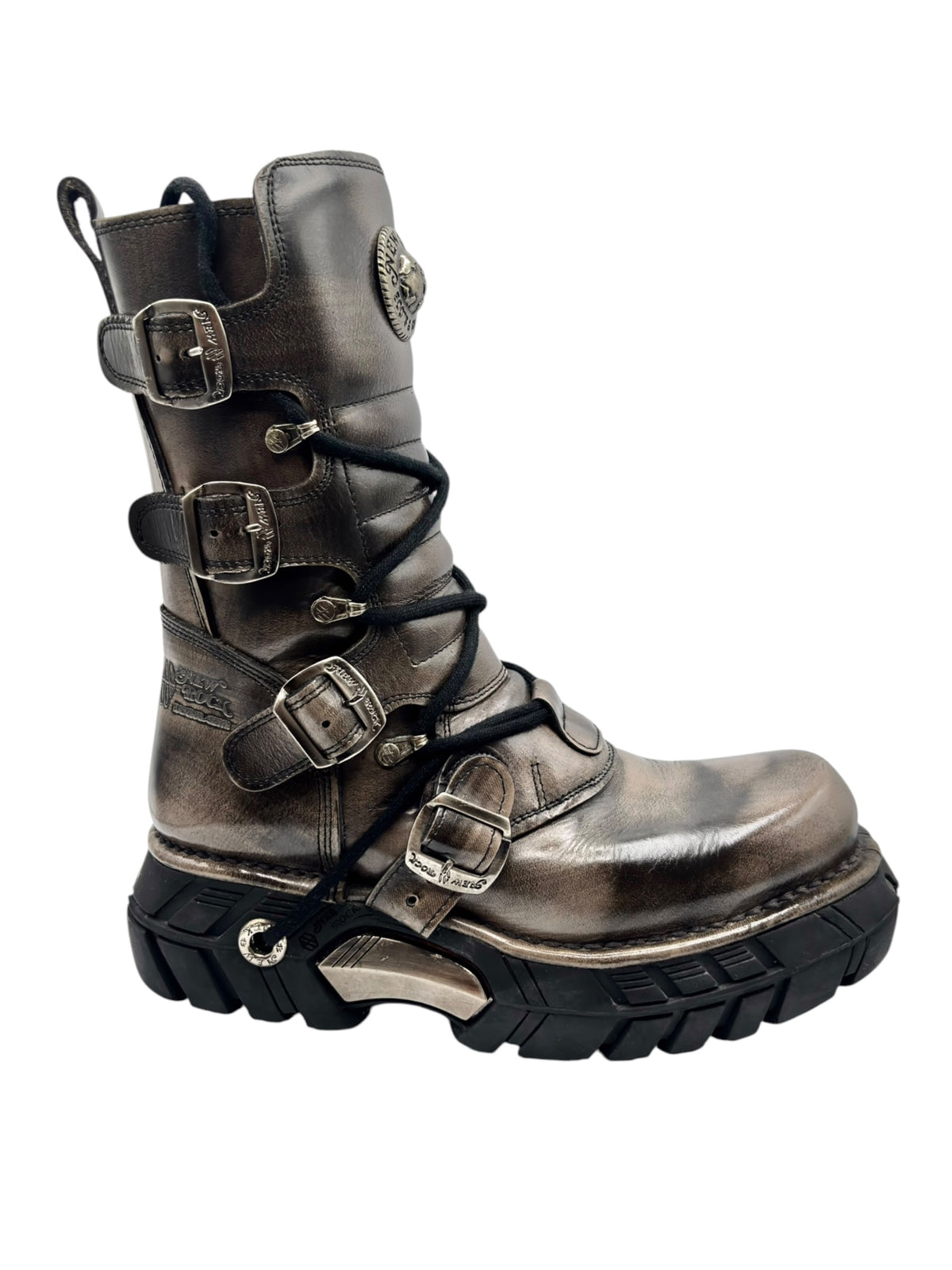 New Rock lace-up leather boots with multiple side buckles and thick tread sole