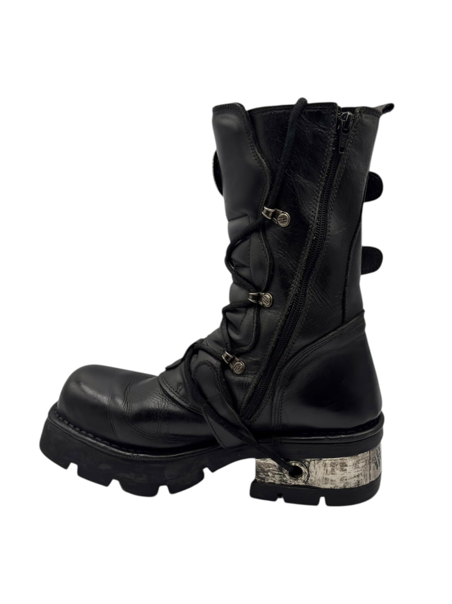 Vintage New Rock buckled raised-heel mid-calf leather boots size 40