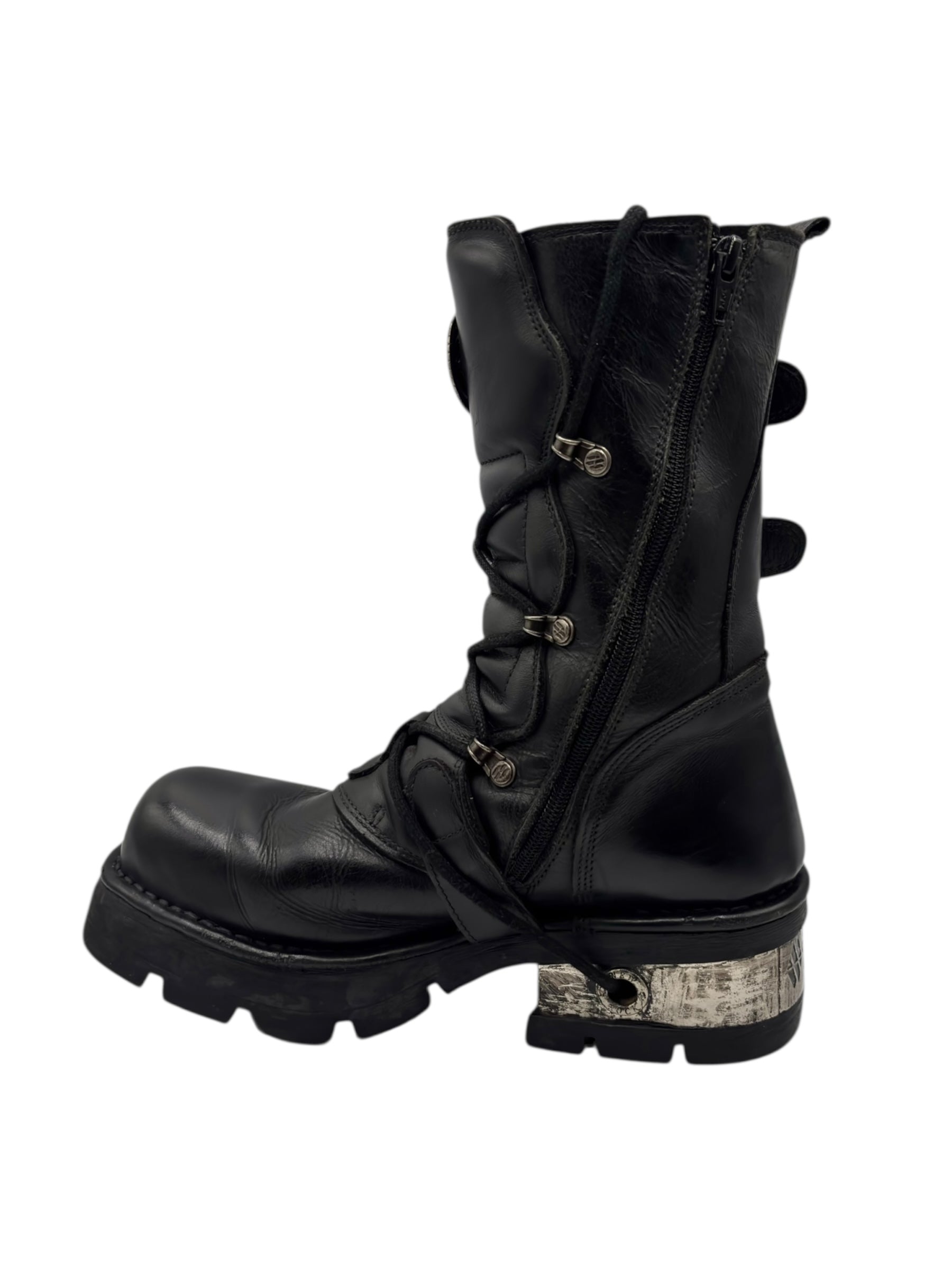 Vintage New Rock buckled raised-heel mid-calf leather boots size 40