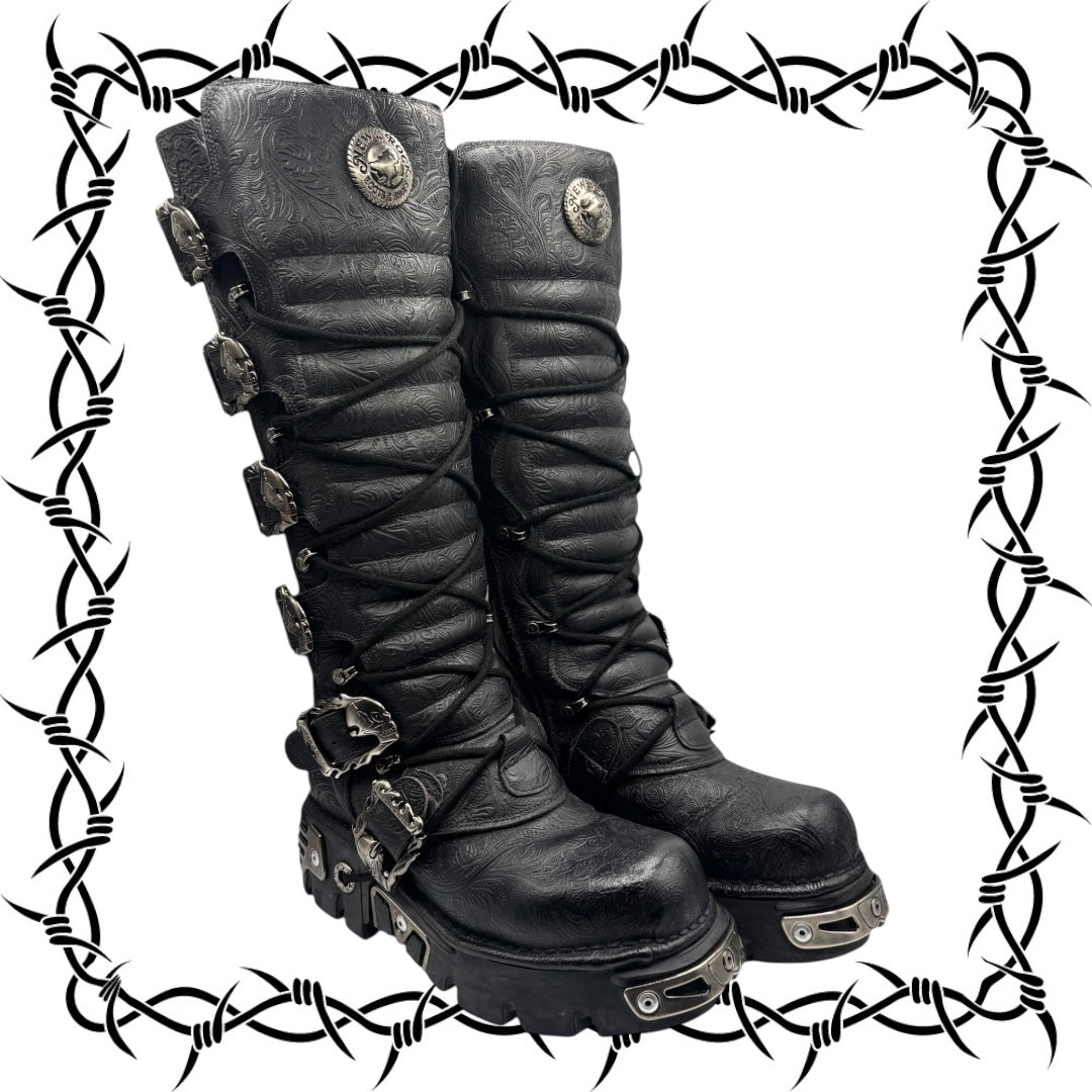 Vintage New Rock knee high patterned reactor leather boots size 40
