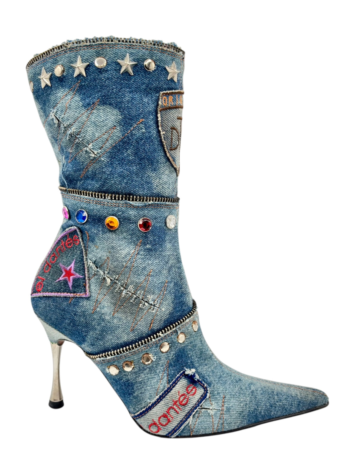 Blue mid-calf denim boot with star studs, colorful beads, and stiletto heel.