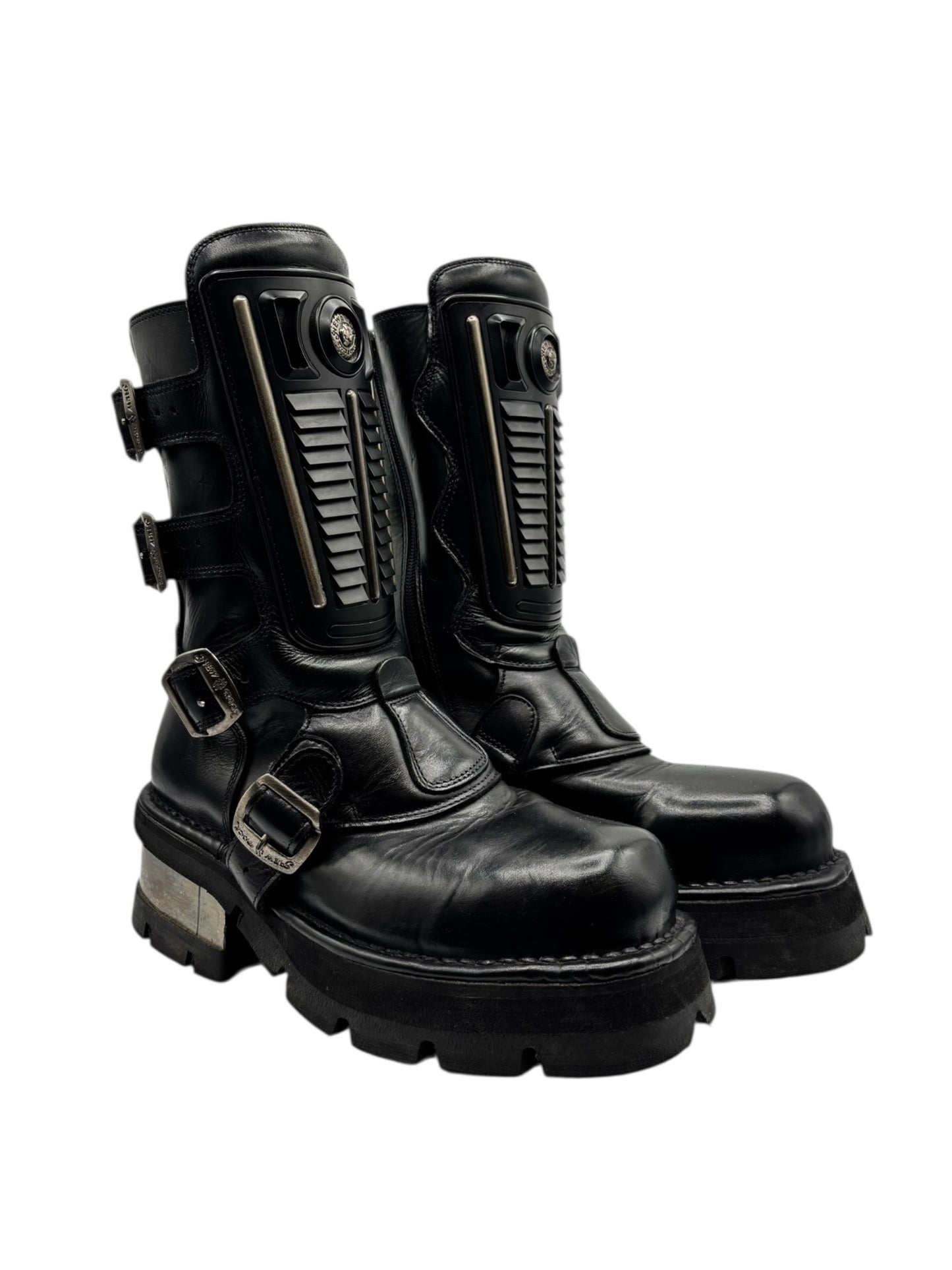 Vintage New Rock buckled raised-heel mid-calf leather boots size 39