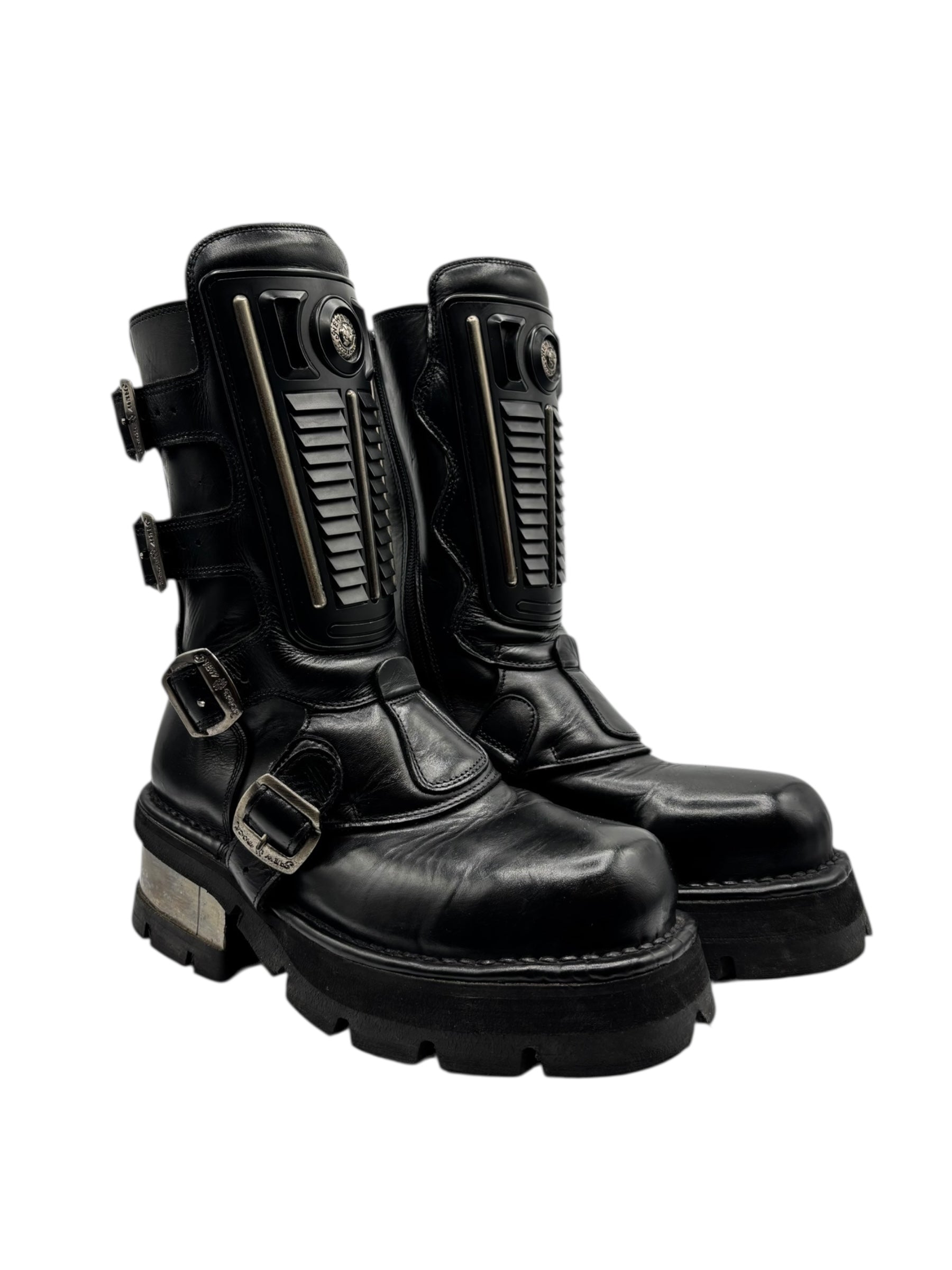 Vintage New Rock buckled raised-heel mid-calf leather boots size 39