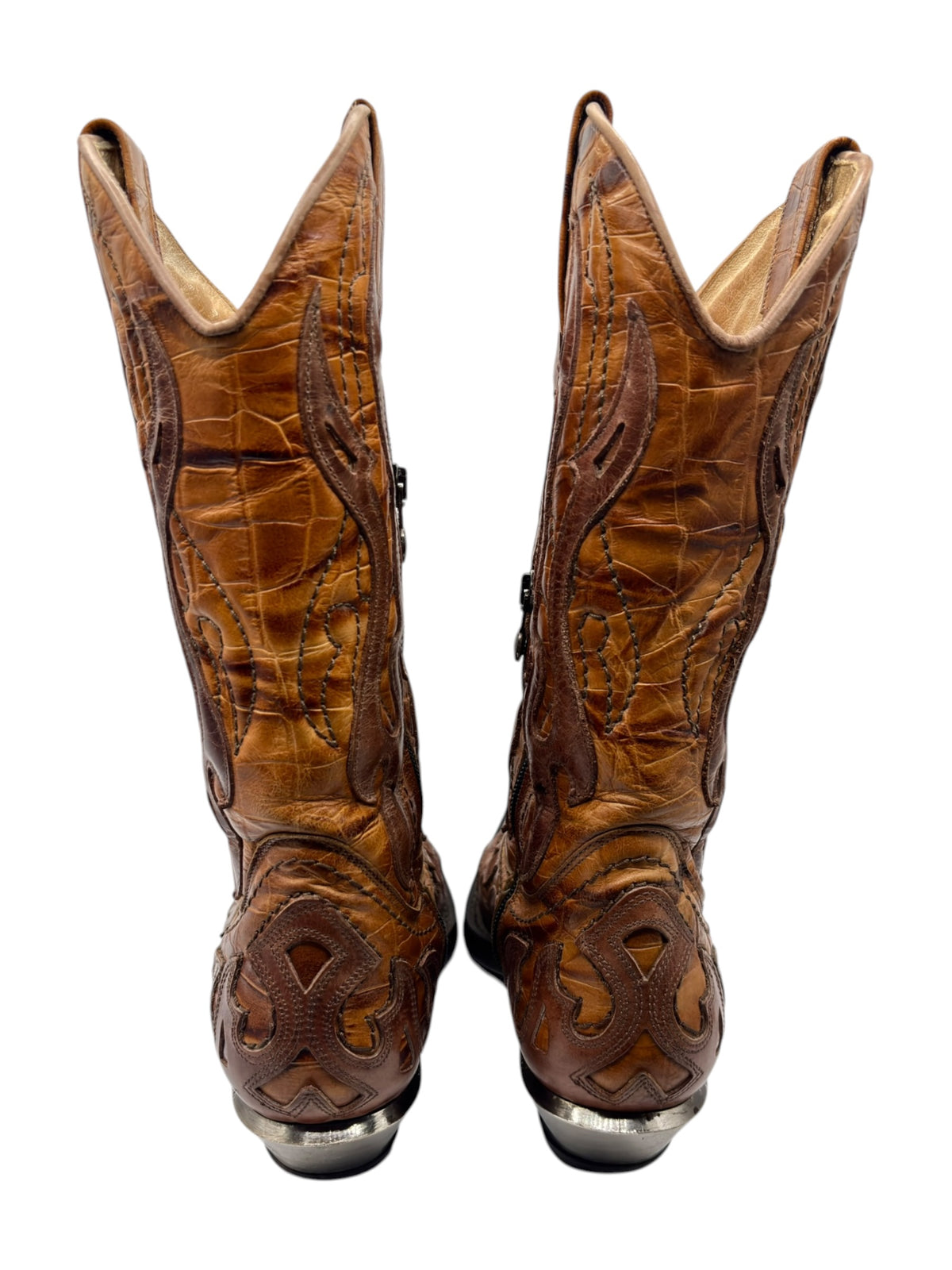 New Rock mid-calf cowboy boots in brown flame leather, western stitching, pull-on