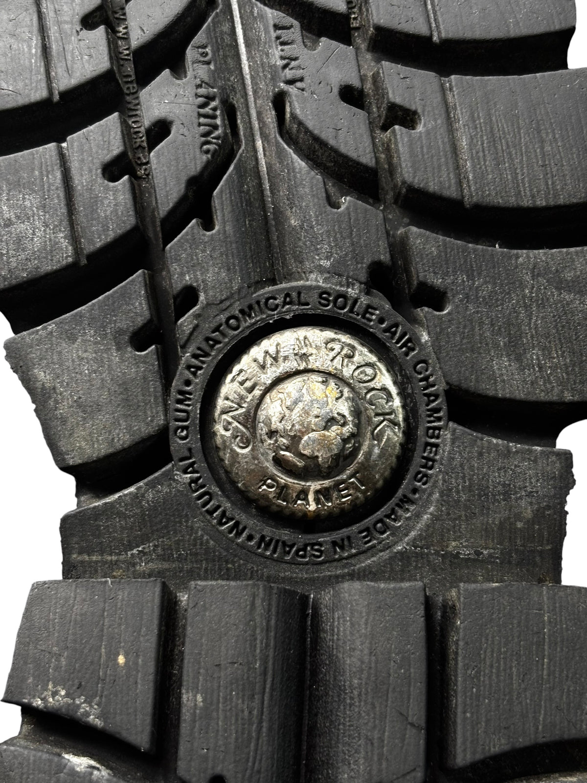 Vintage New Rock platform boots: black studded outsole with New Rock Planet stamp