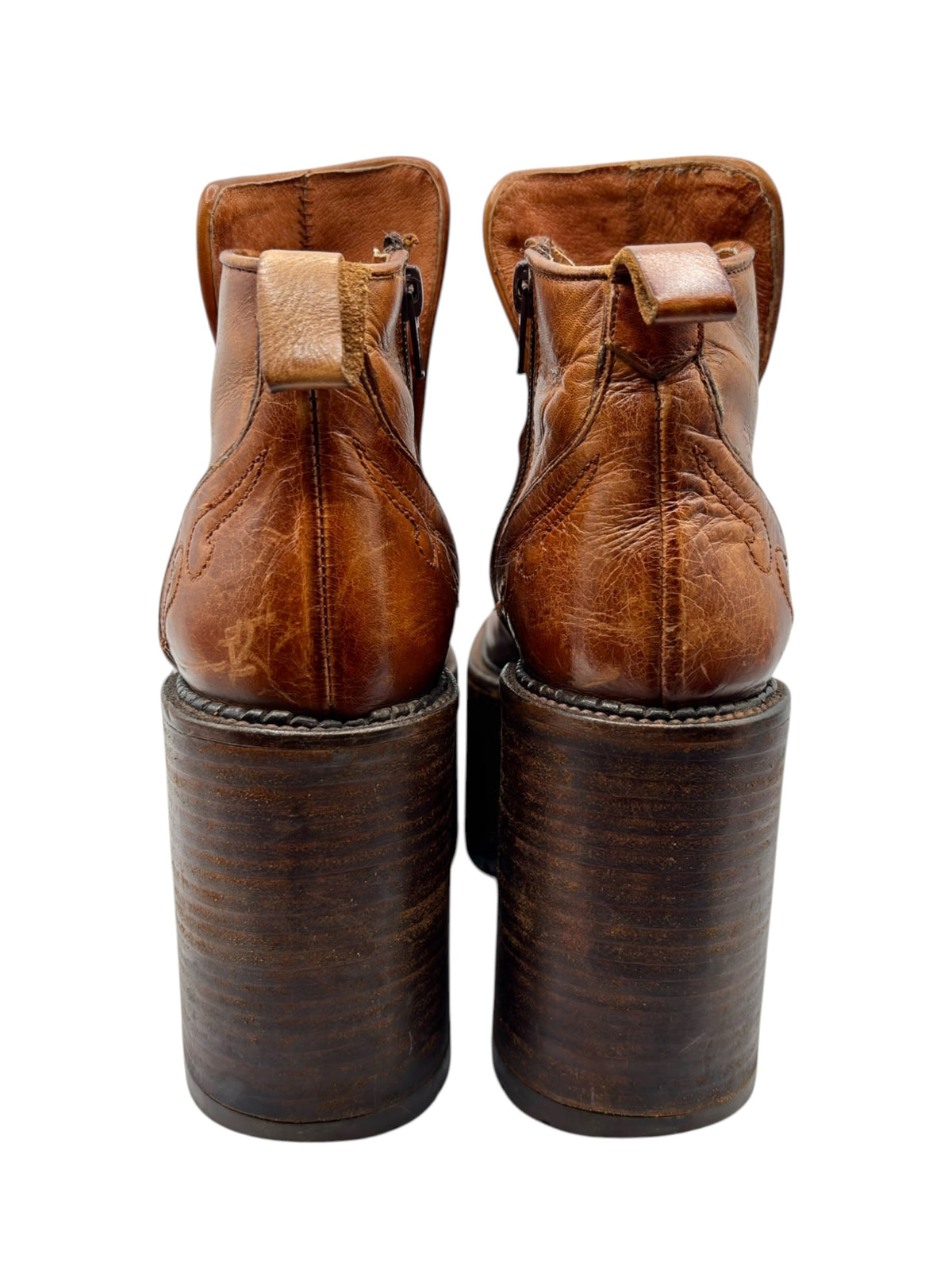 Back view of brown leather platform ankle boots with stacked heel and loops