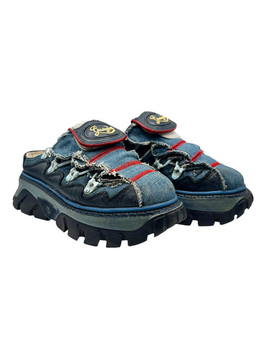 Denim platform clogs, rugged tread sole, red stripe stitching, Gordon Jack side logo