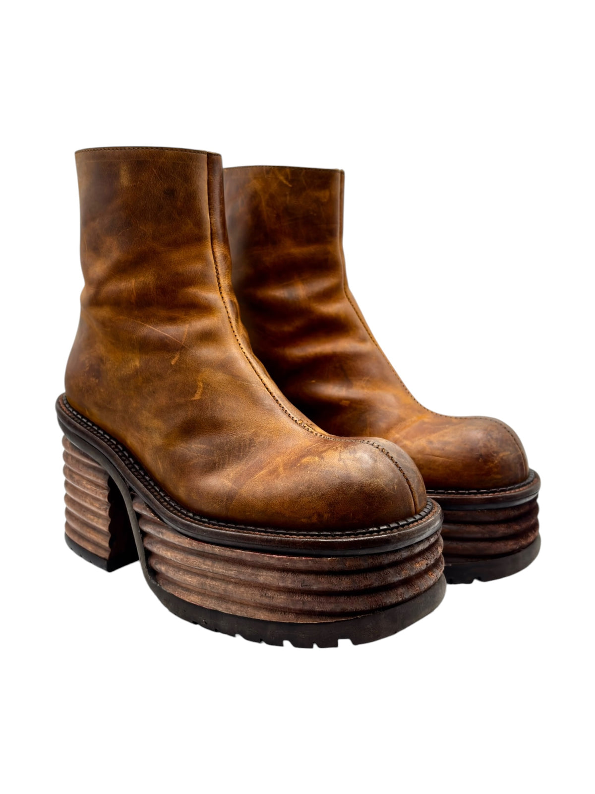 Brown leather vintage platform block-heel boots, side view