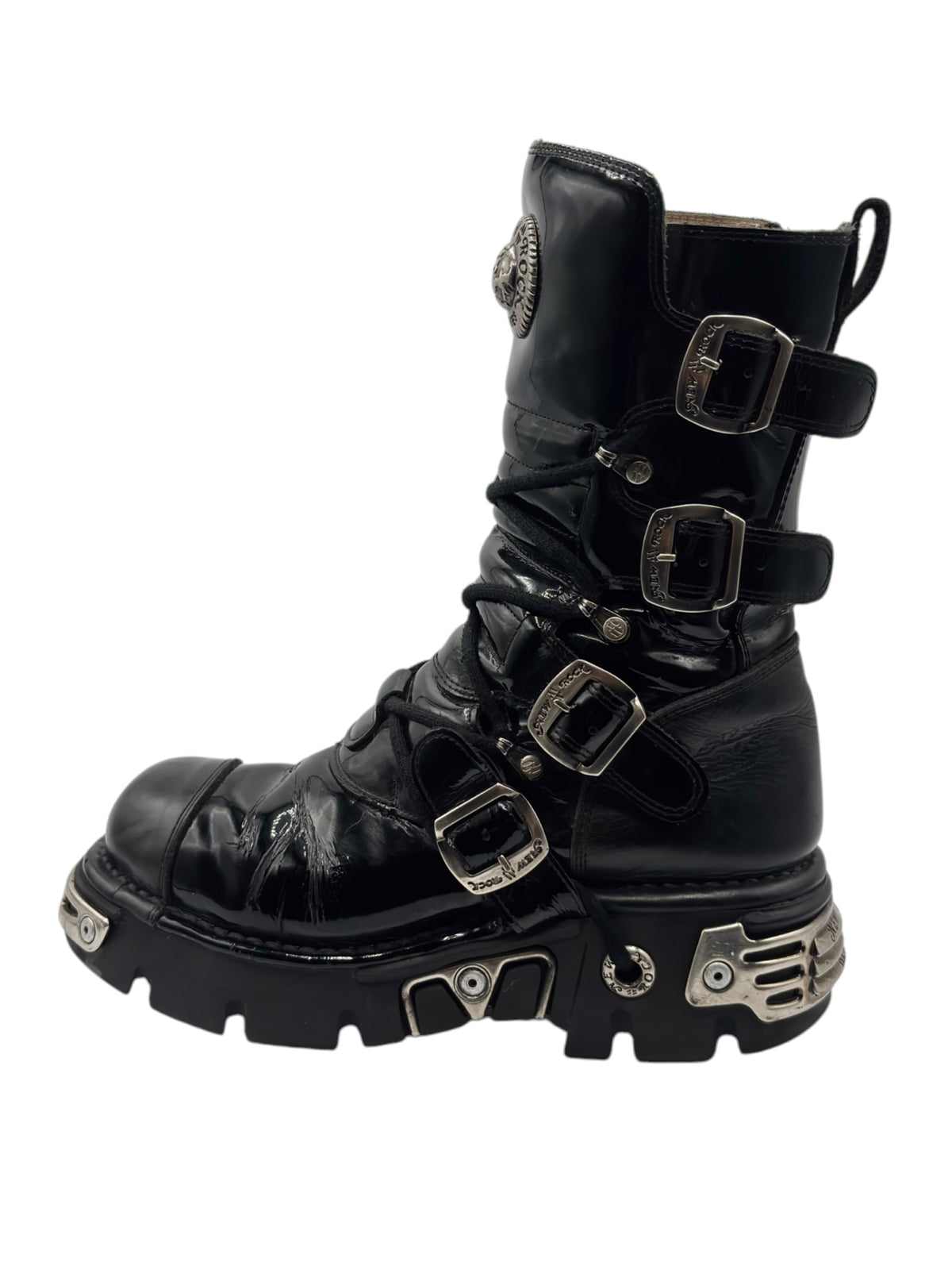 Vintage New Rock mid-calf leather boots in black with buckled straps and chunky sole