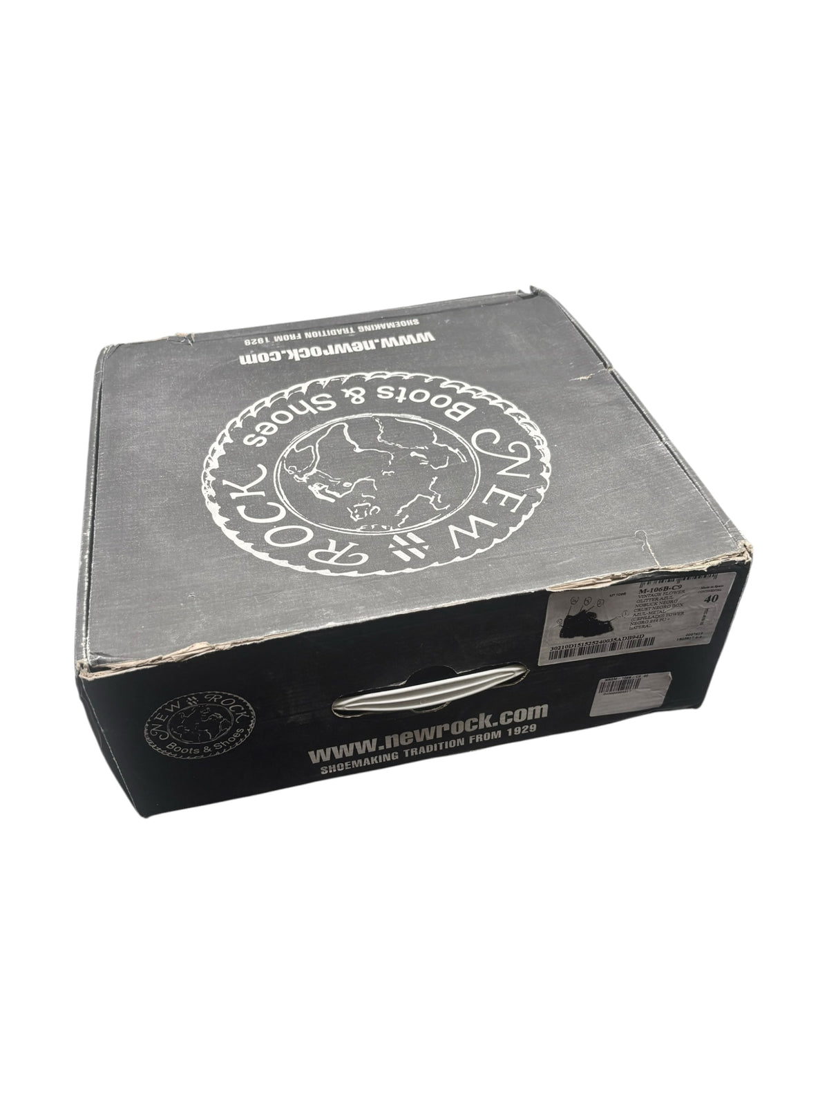 New Rock boot box with circular logo graphic