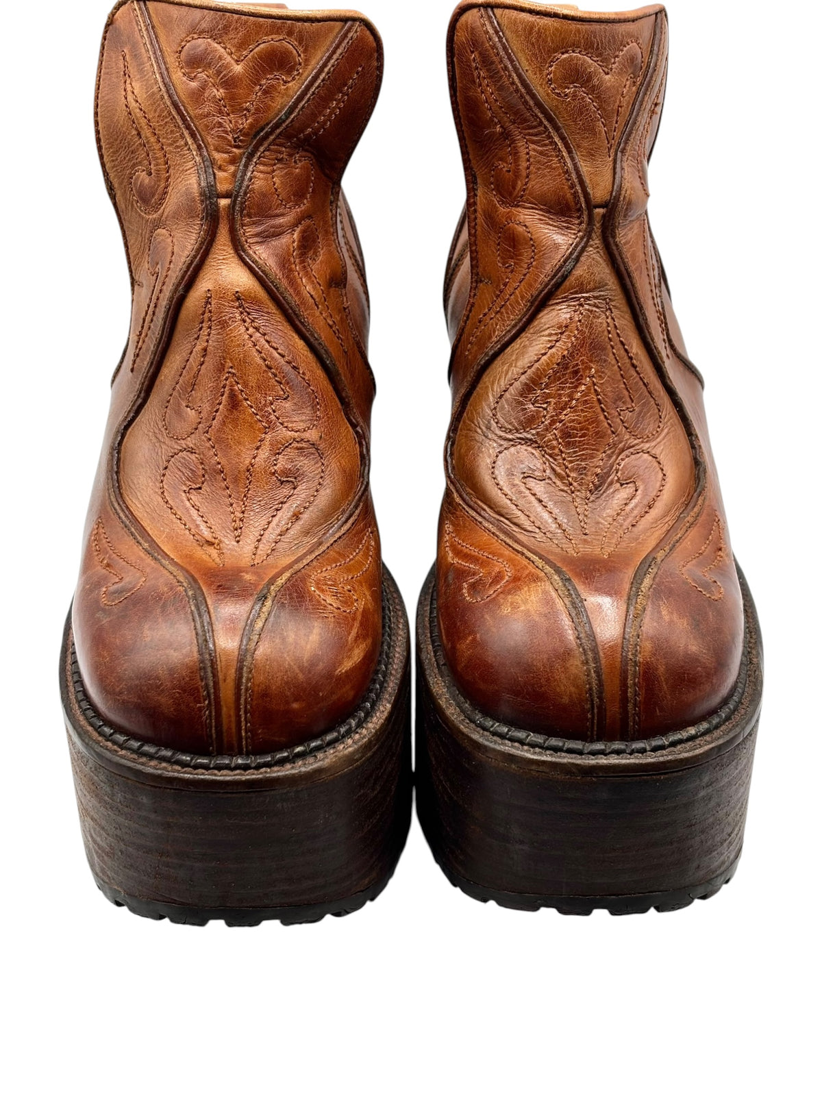 Brown leather platform ankle boots, rounded toe, thick dark block heel