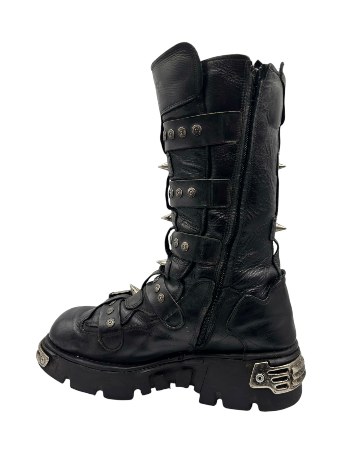 Black studded leather platform boots, side view with layered straps and metal studs