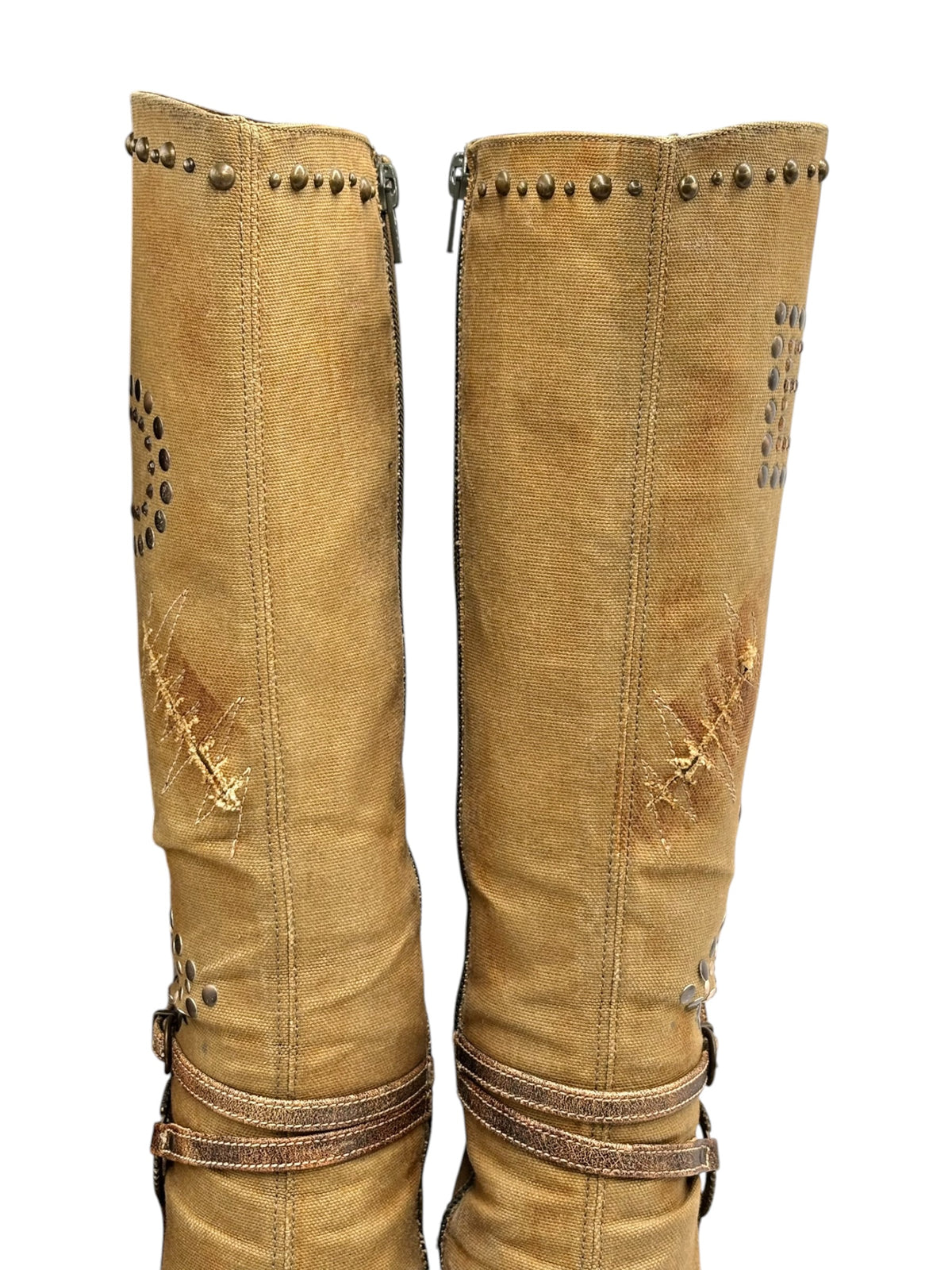 Pair of El Dantes tan knee-high suede boots with studded shafts and side zipper