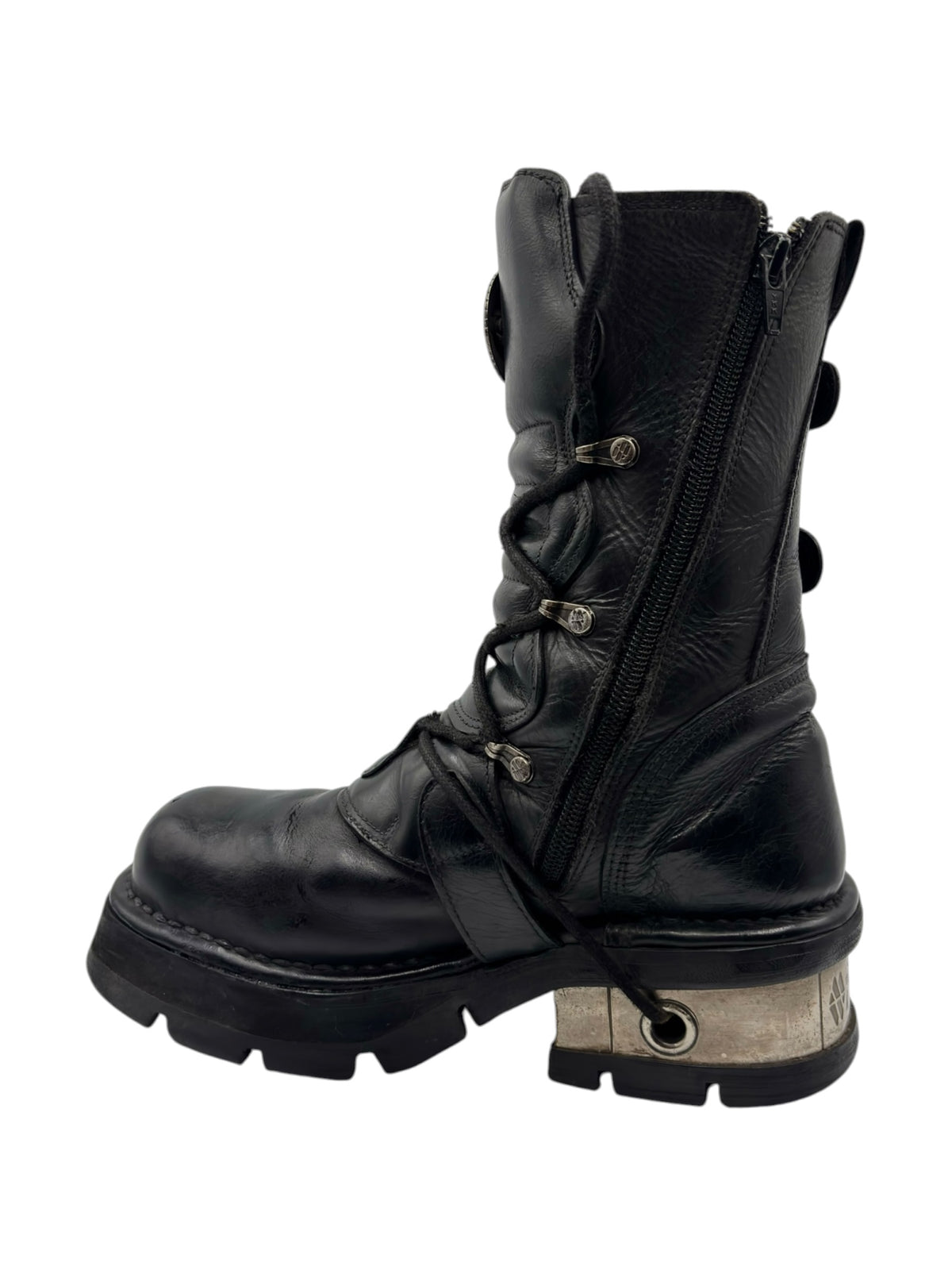Black mid-calf boots with side zipper, laces, and small buckled strap accents