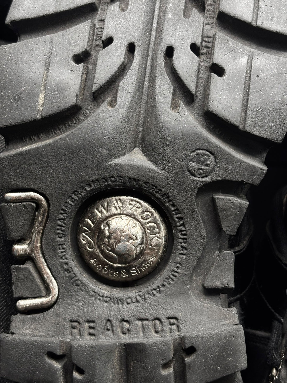 Vintage New Rock mid-calf leather boot outsole with embossed REACTOR detail