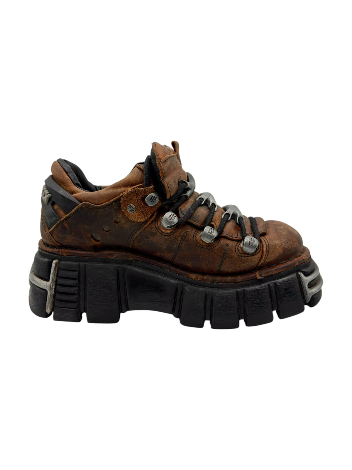 New Rock M-106-S1 brown platform boots, side view with eyelet lacing and strap detail