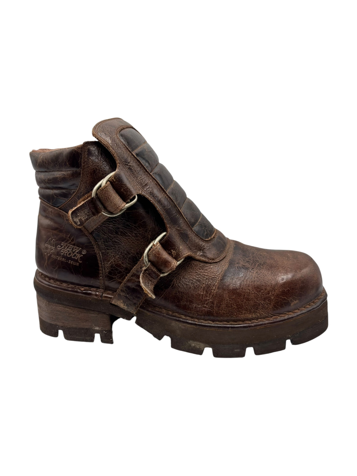 Brown leather ankle boot with two front straps and rugged block sole