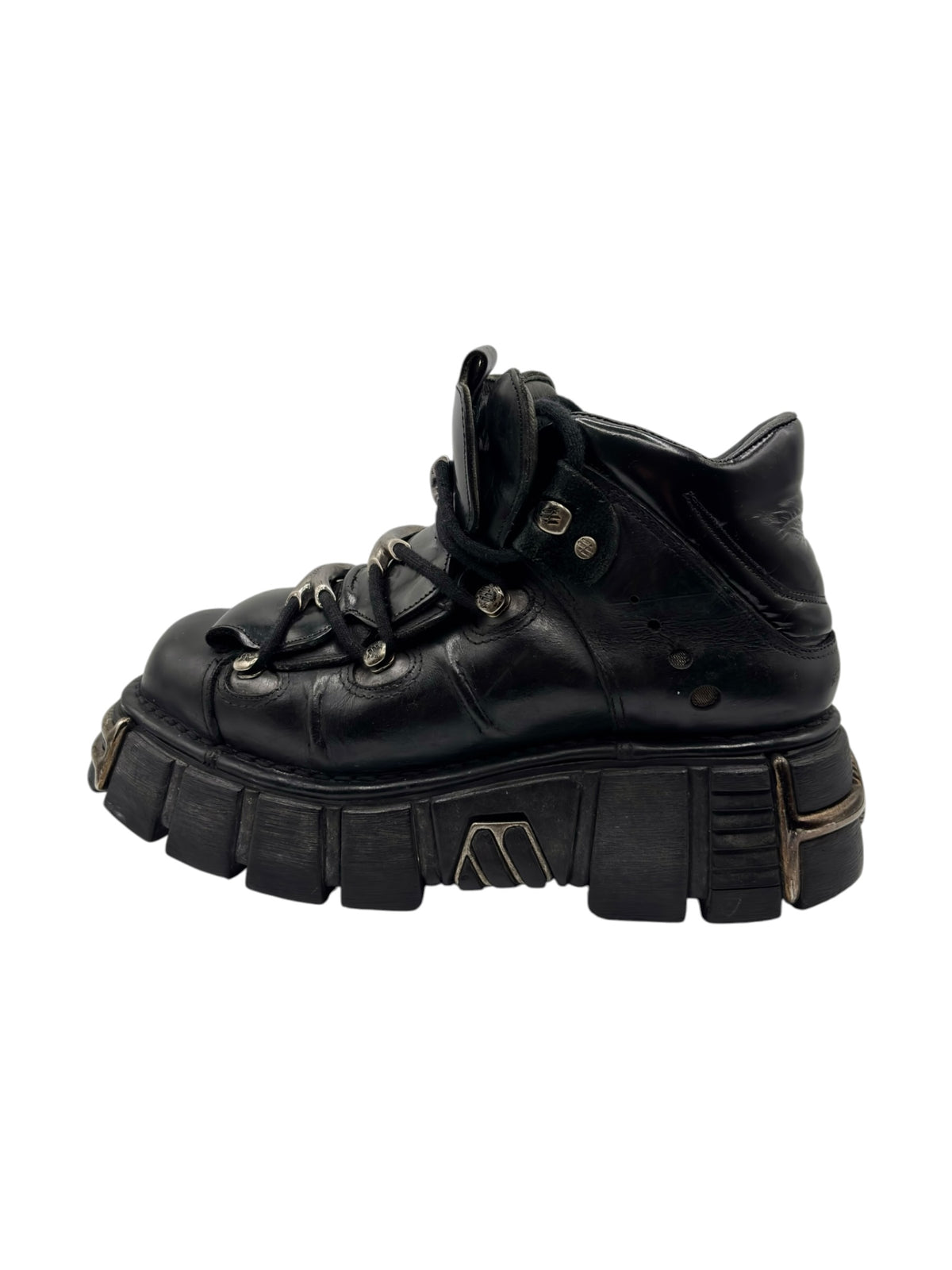New Rock platform boots, black leather upper with lace-up and gold-tone eyelets