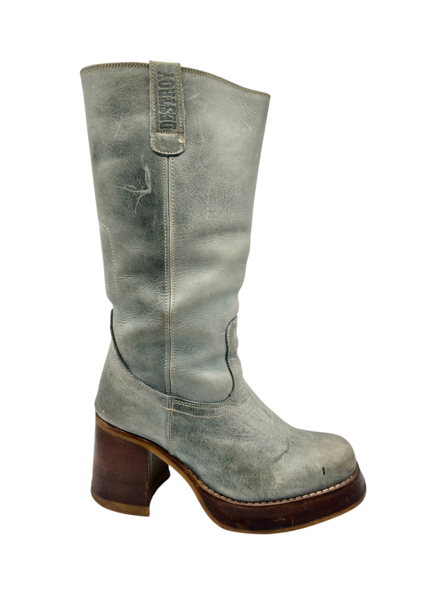 Vintage Destroy green block platform leather boots