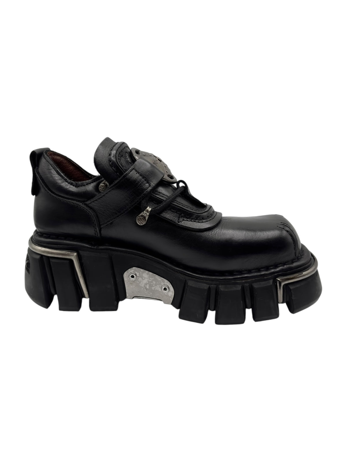 Black New Rock platform loafers with top strap detail and metal accent plate