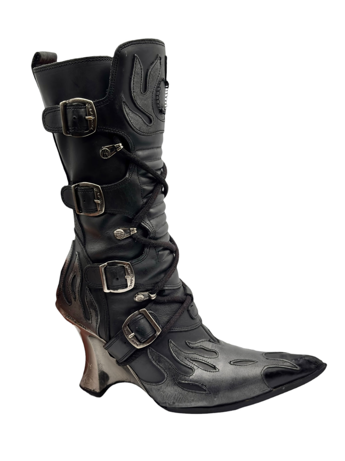 Flame boots with stacked buckles and metallic flame panels on the vamp