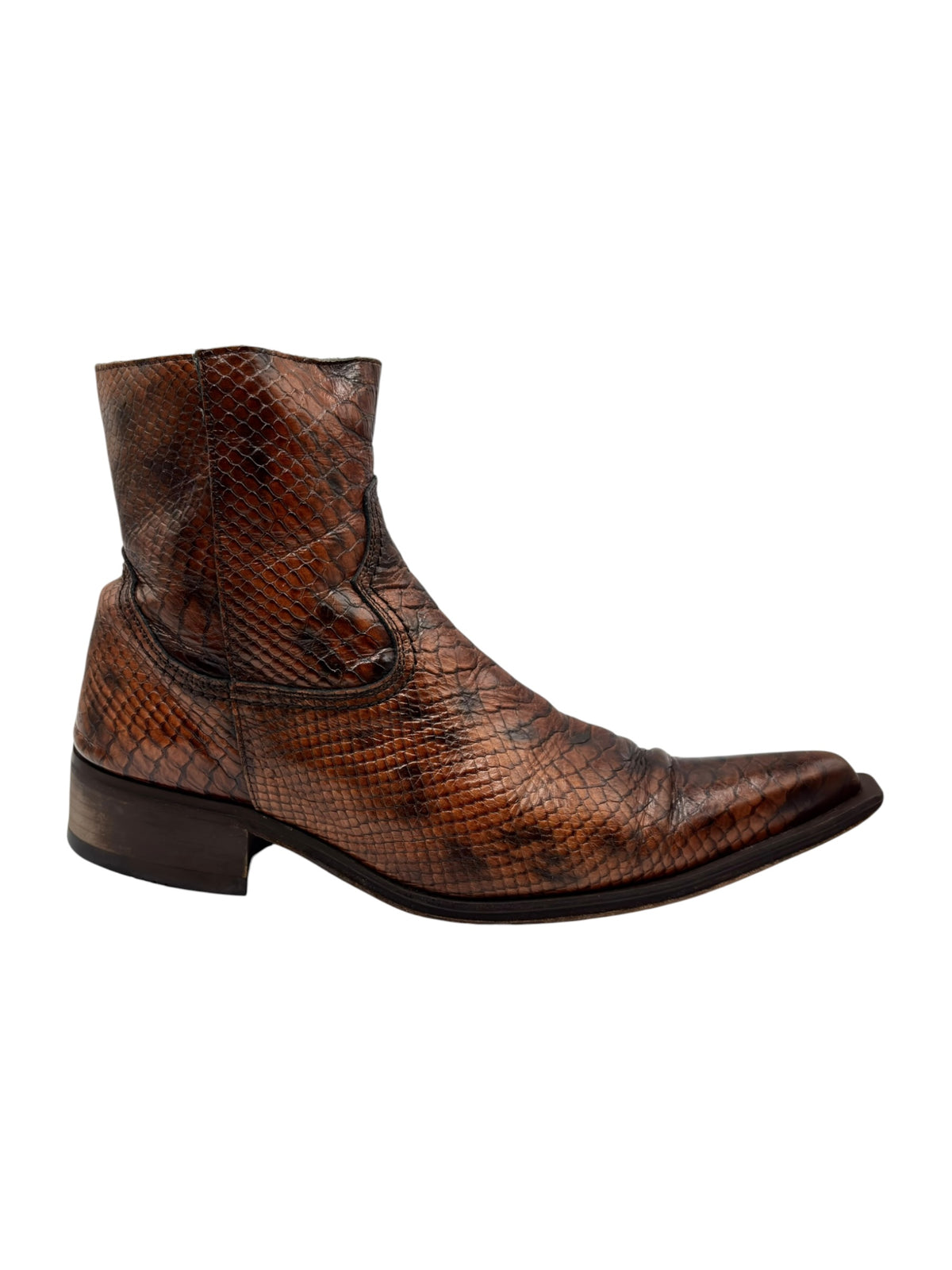 Brown snake-texture cowboy boot with stitched collar and low dark heel