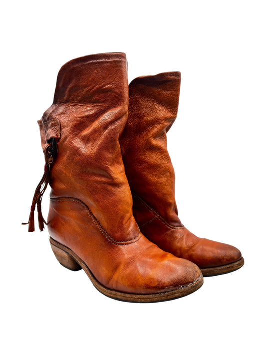 Vintage A.S.98 burnt-orange leather mid-calf boots with side tassel detail