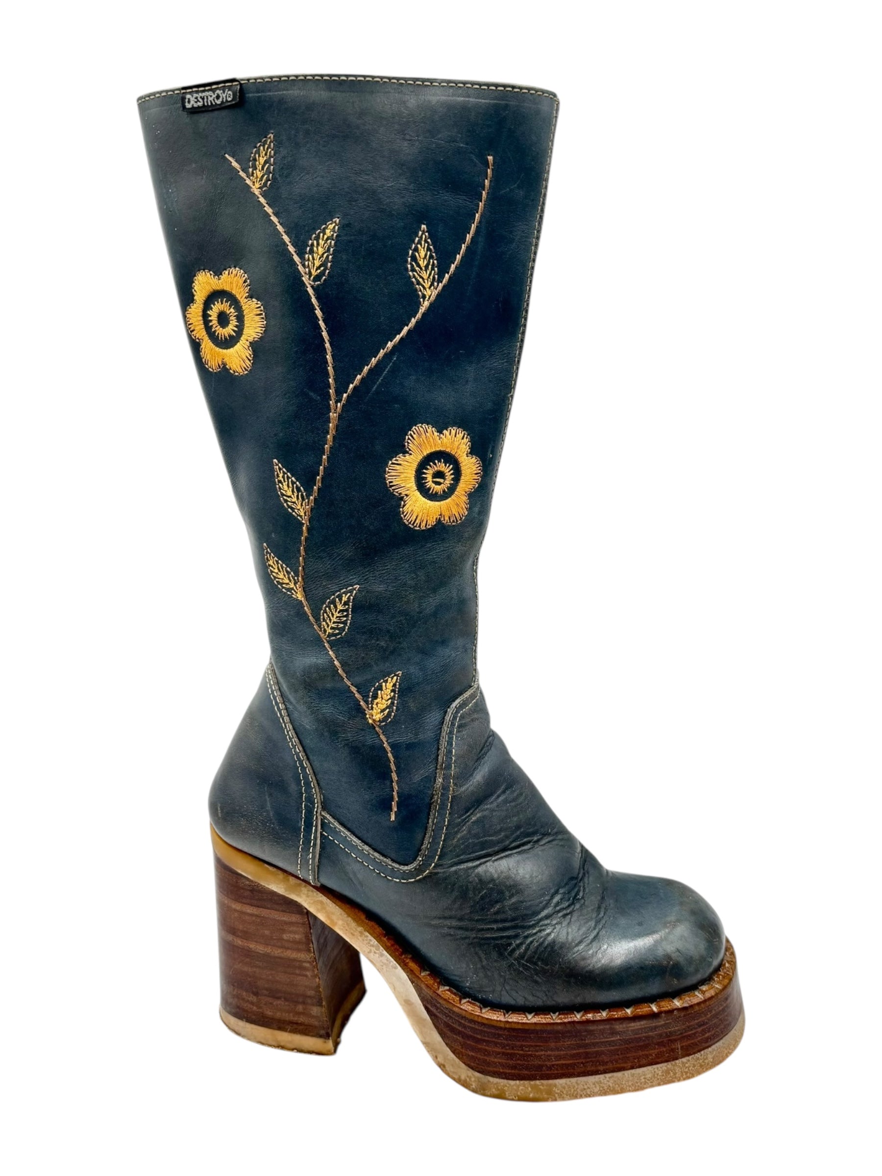 Beautiful vintage 90s Destroy knee high flower block platform boots size 37