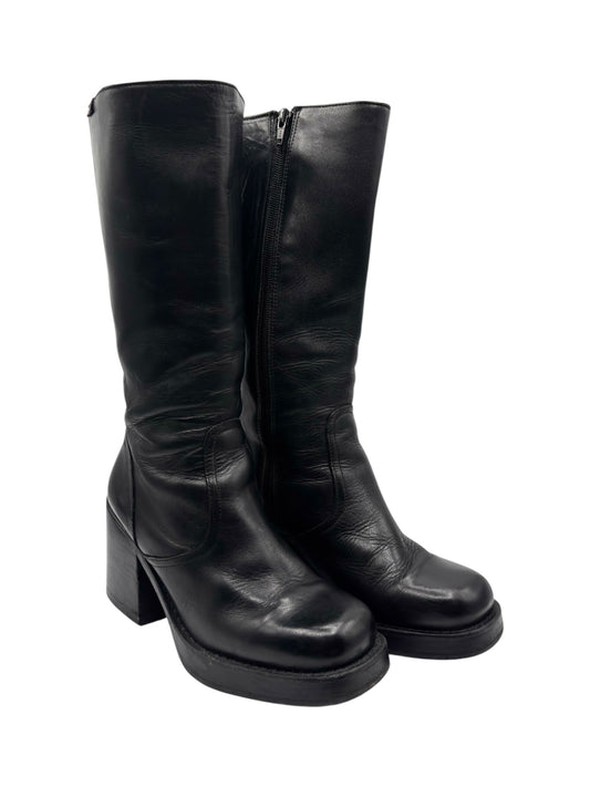 Black knee-high leather boots with side zipper, angled toe and block heel
