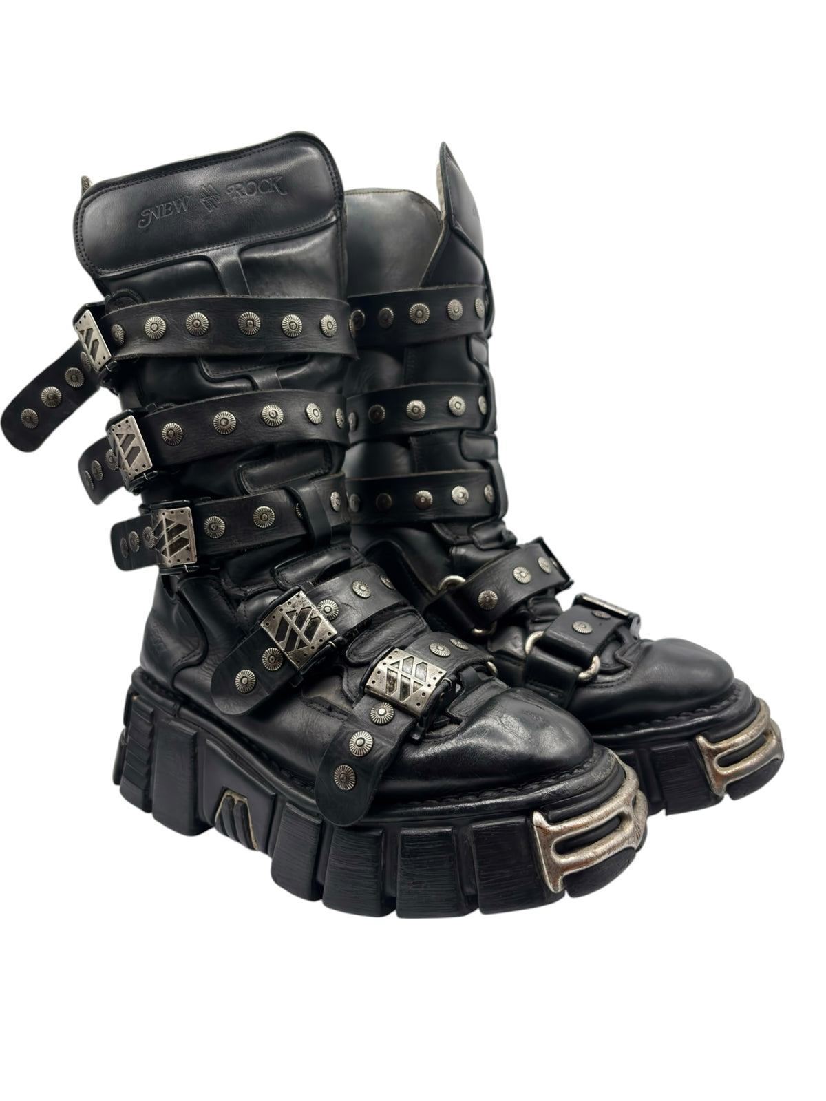 Black New Rock vintage studded strap boots angled side view, layered straps and buckles