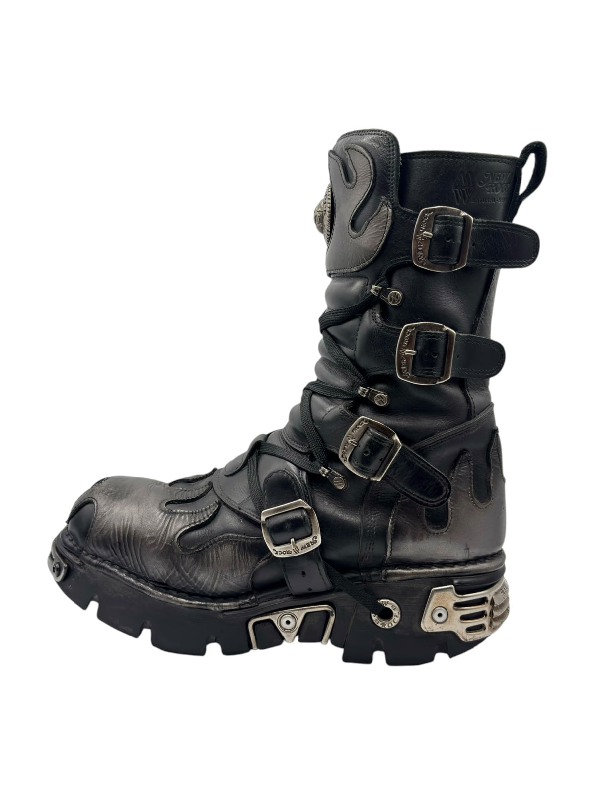 Black New Rock Reactor flame boots with buckles and straps on the upper.