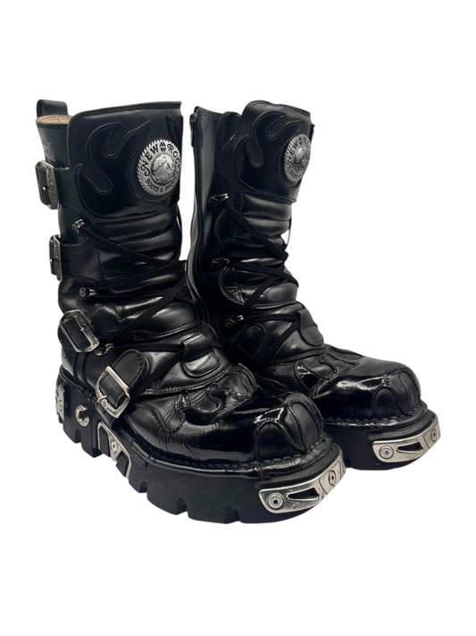 Vintage New Rock mid-calf black combat boots with straps, buckles, and chunky sole