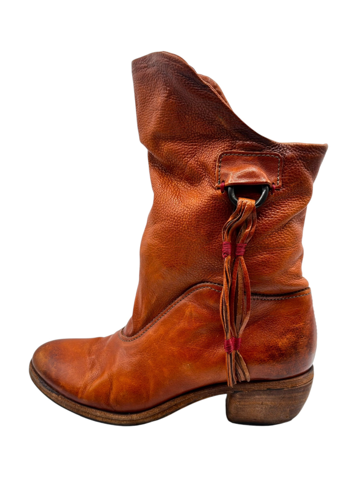 Brown leather mid-calf boots with buckled strap and tassel tie detail