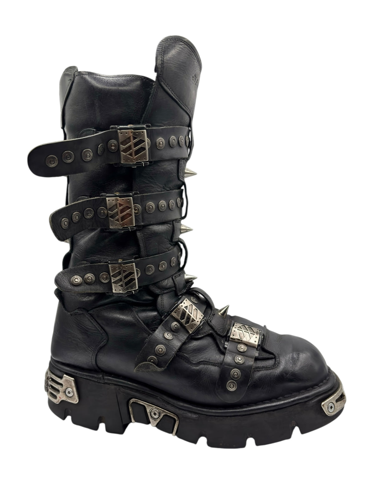 Black leather platform boots, angled view with wide buckles and studded ankle straps