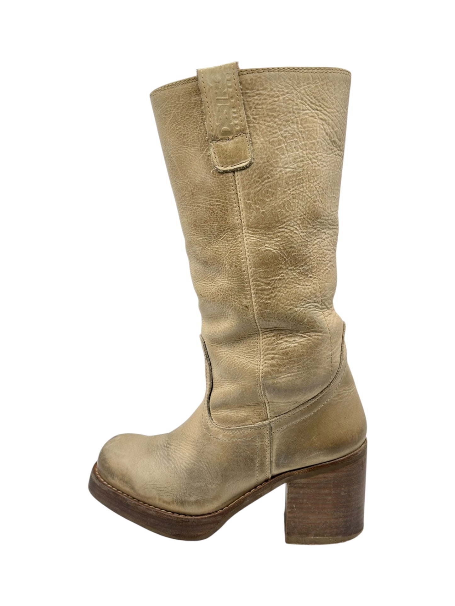 Vintage Destroy beige knee high block platform leather boots