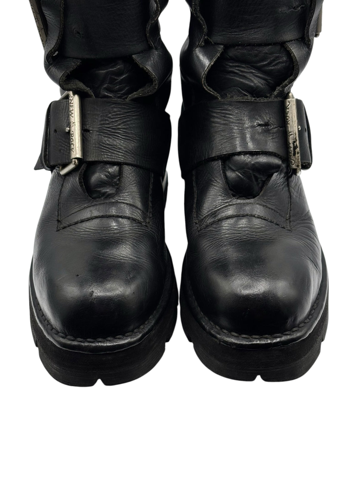 Black leather steel-heeled boots with side buckles, padded ankle straps