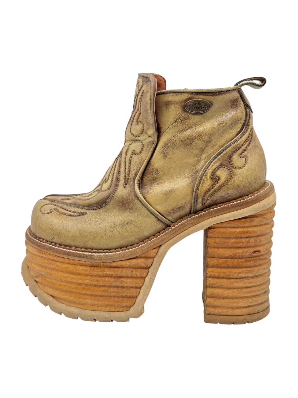 Khaki brown leather ankle boots with carved detailing, side zip, and stacked block heel