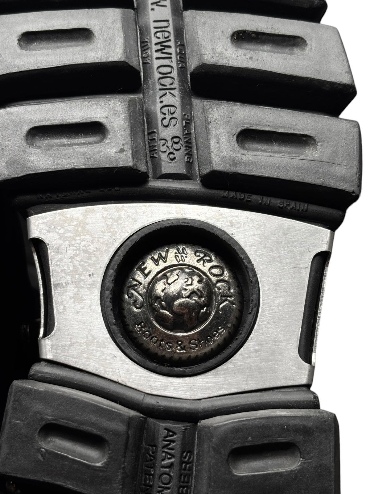 New Rock platform boot outsole with chunky tread and metal logo rivet