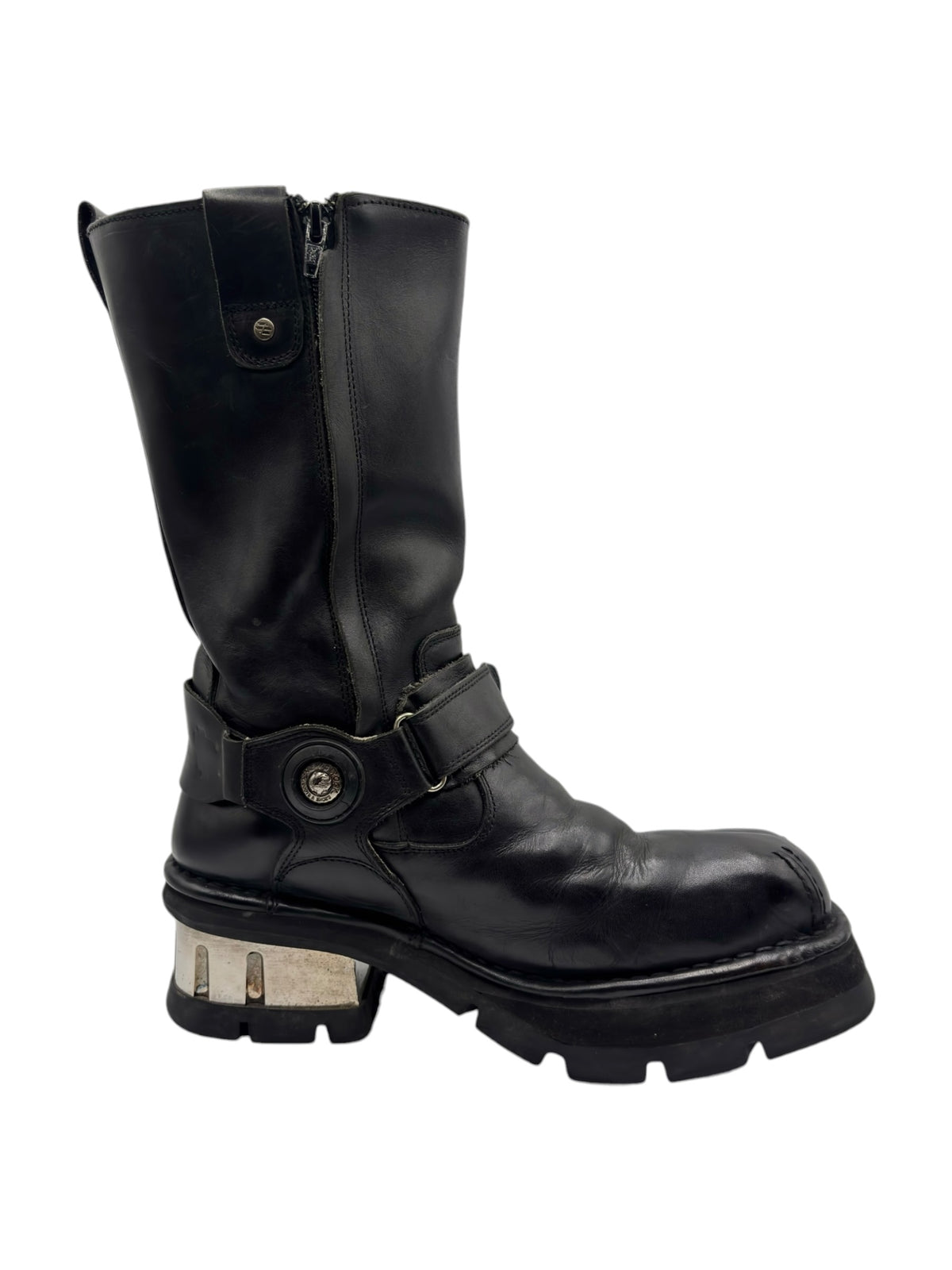 Black mid-calf biker boots with side zipper and double buckle strap, platform-style sole